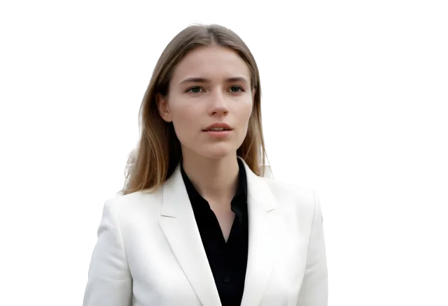 Front-facing woman wearing a white blazer over a black shirt on a transparent background