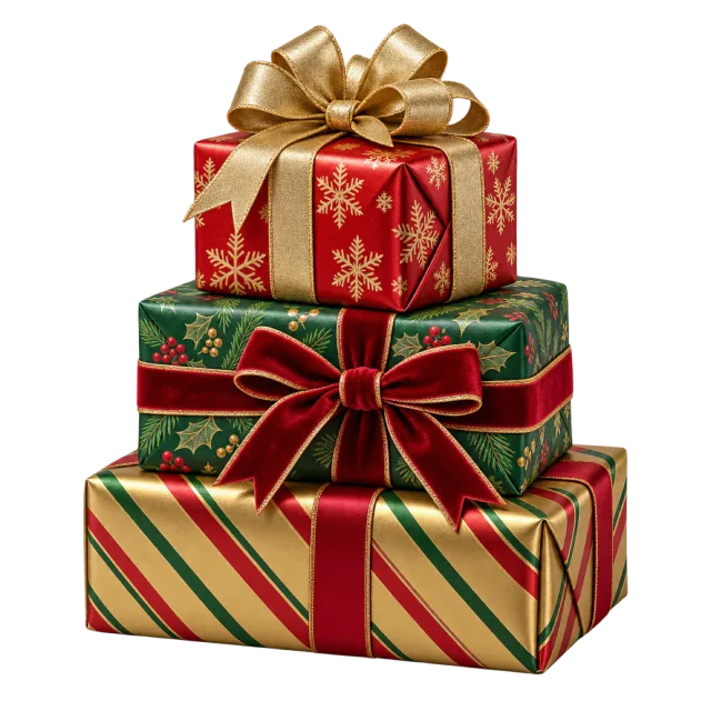 Three stacked gift boxes with red, green and gold wrapping and ribbon bows