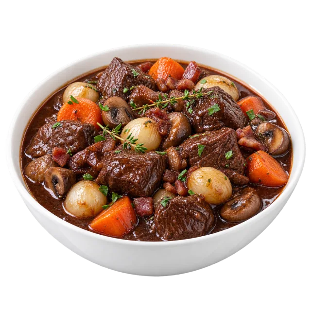 Beef bourguignon with dark meat chunks, carrots, small onions and mushrooms