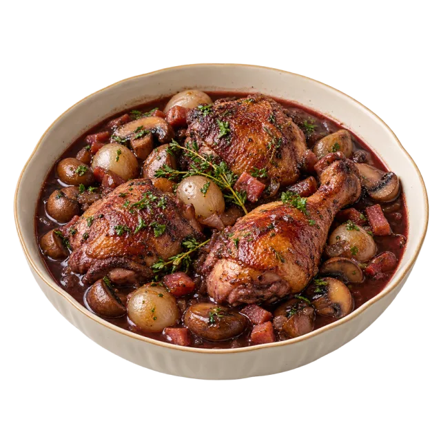 Coq au vin with browned chicken pieces, small onions and mushrooms in dark sauce