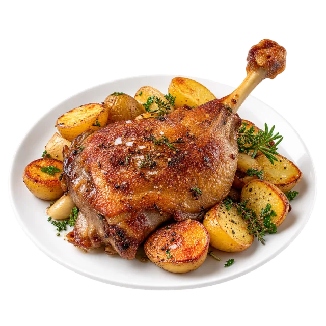 Duck confit leg with browned skin served beside golden potato pieces and herbs