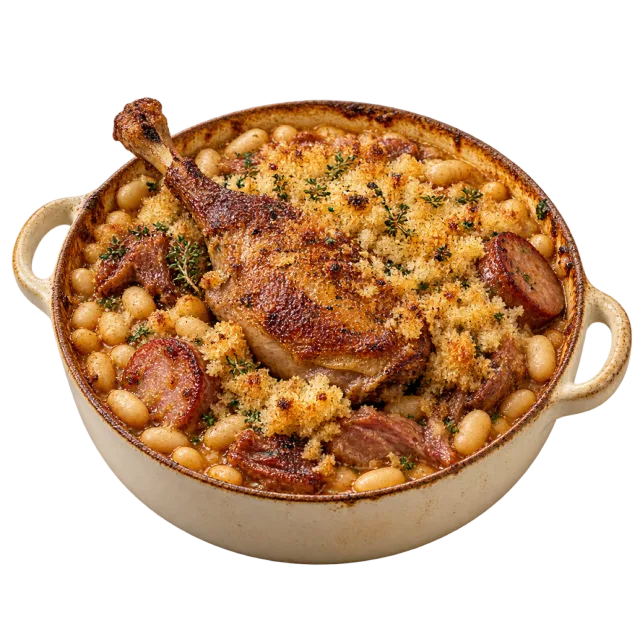 Cassoulet in a handled dish with beans, sausage pieces and a browned duck leg