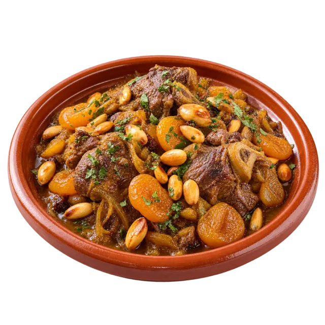 Lamb tagine with meat, golden fruit pieces, almonds and herbs in a clay-colored dish
