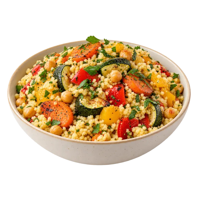 Couscous with colorful roasted vegetable pieces and green herbs in a bowl