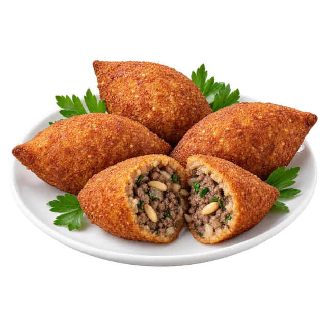 Golden kibbeh pieces with one cut open to reveal a dark minced filling