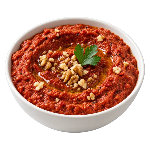 Red muhammara dip topped with walnut pieces and a green herb sprig