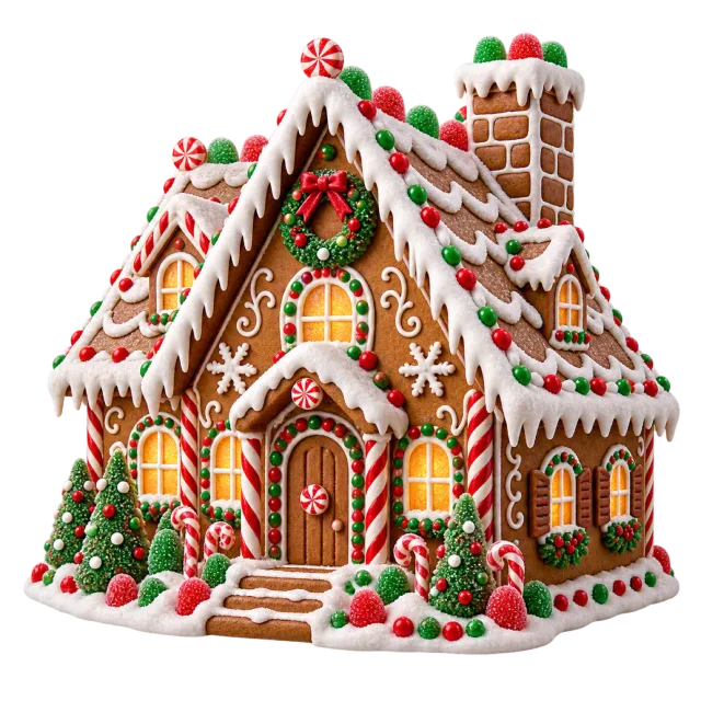 A gingerbread house with white icing, candy canes and colorful candy decorations