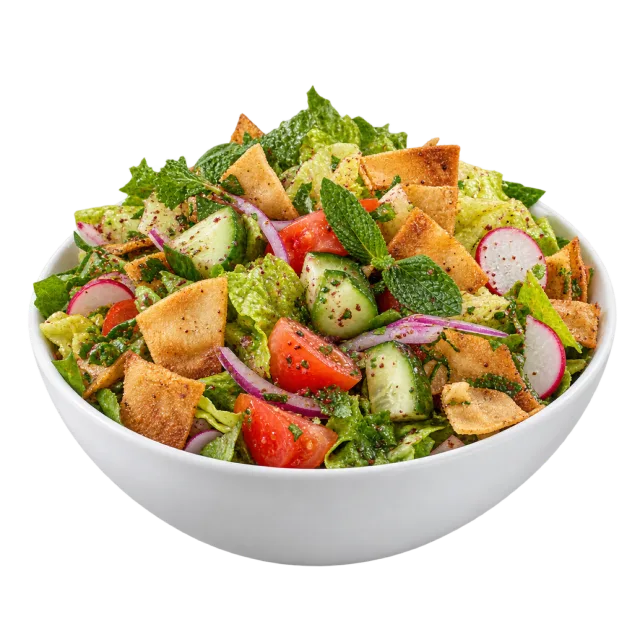Fattoush salad with greens, cucumber, tomato, radish and crisp flatbread pieces