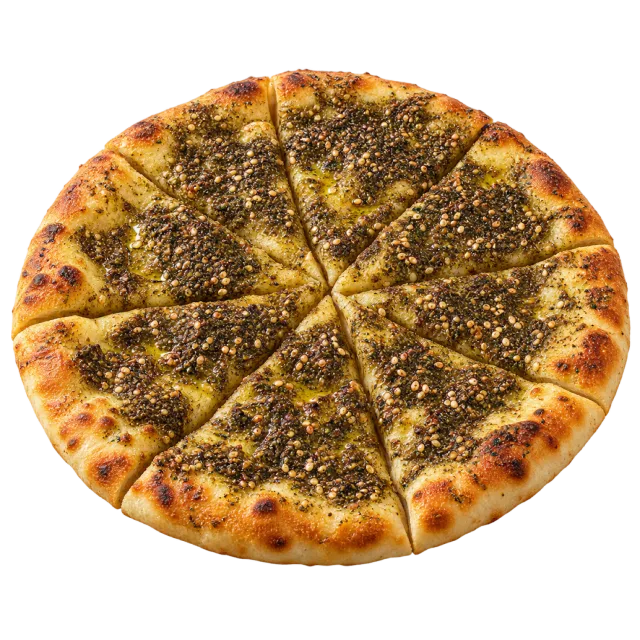Round zaatar manakish cut into wedges with a dark herb topping