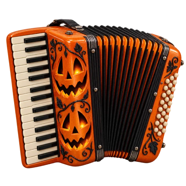 Orange accordion with jack-o-lantern faces, black bellows and piano keys