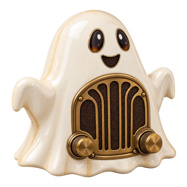 Cream ghost-shaped retro radio with a gold speaker grille and round controls