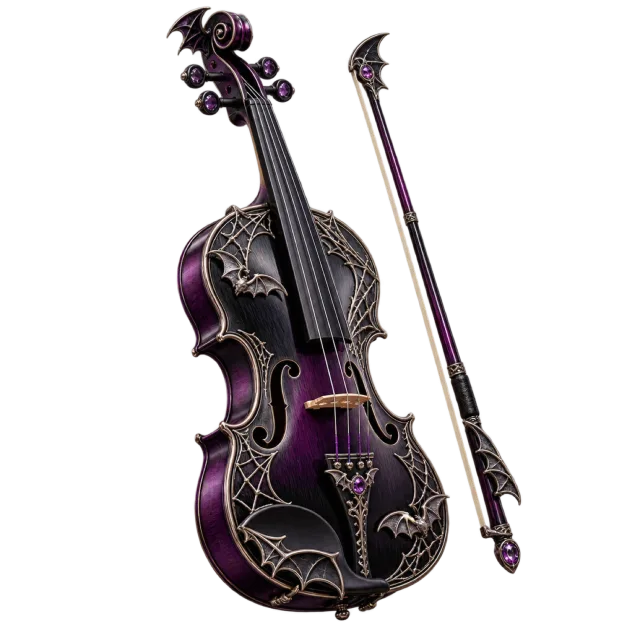 Black and purple violin with spiderweb decoration, bat details and a matching bow