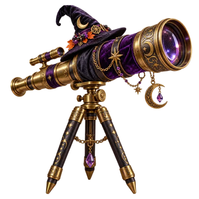 Brass and purple telescope on a tripod with a witch hat and dangling moon charm