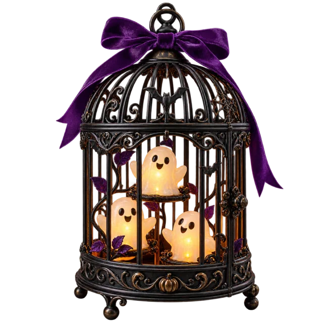 Black birdcage holding ghost candles, tied with a purple ribbon