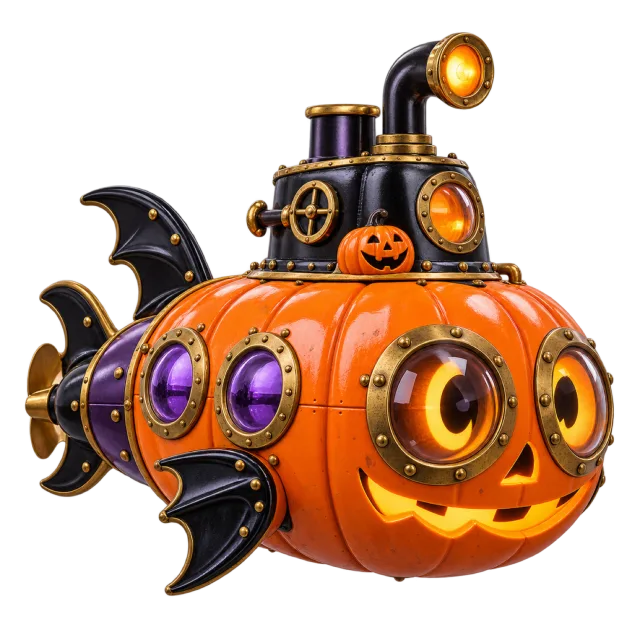Orange jack-o-lantern submarine with round purple windows and bat-wing fins