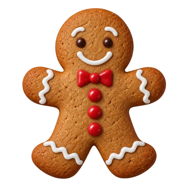 A gingerbread cookie figure with a smiling icing face, red bow and candy buttons