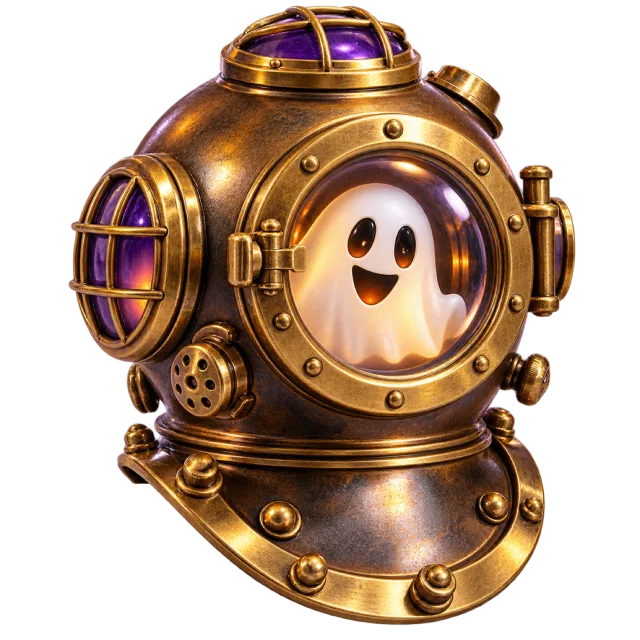 Brass diving helmet with a smiling white ghost visible through its round window
