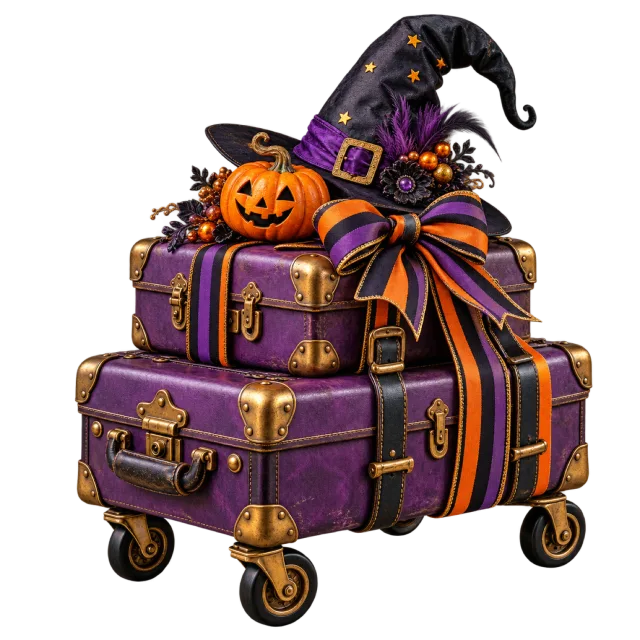 Stack of purple suitcases on a wheeled trolley with a witch hat and pumpkin decorations