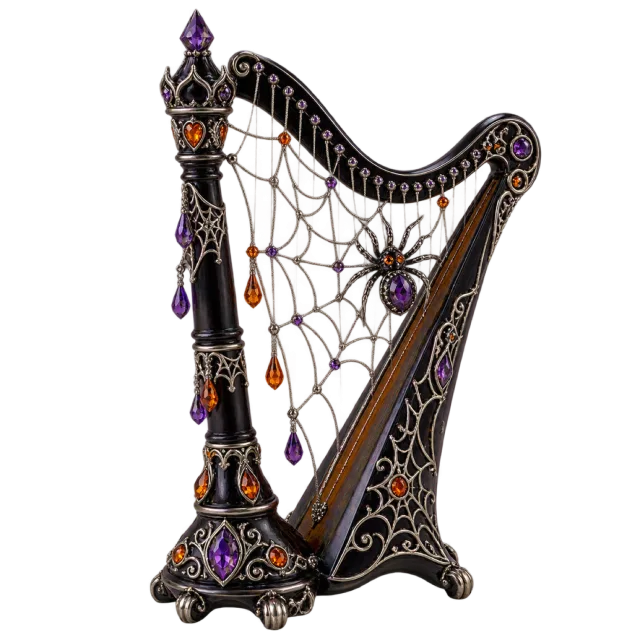 Black harp with spiderweb strings, purple gems and a dangling spider
