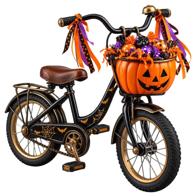 Black bicycle with a pumpkin basket, flowers and orange and purple ribbons