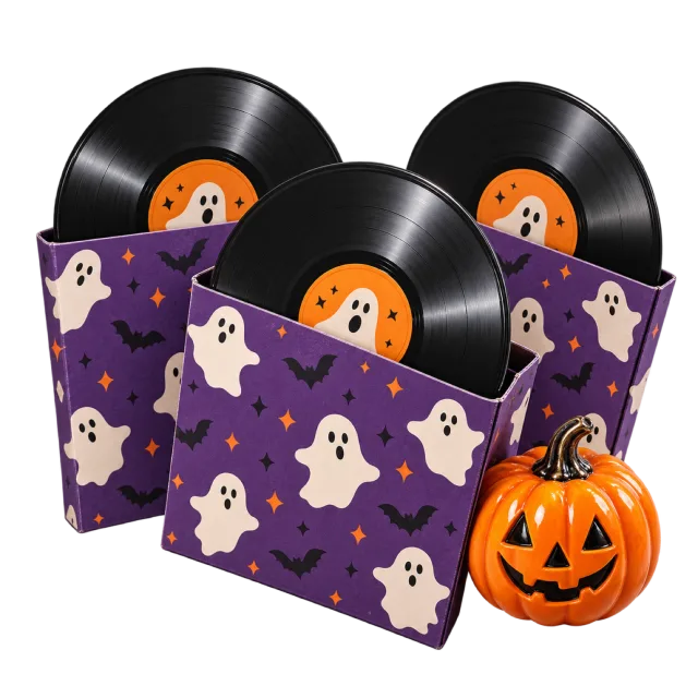 Vinyl records in purple ghost-patterned sleeves beside a small jack-o-lantern