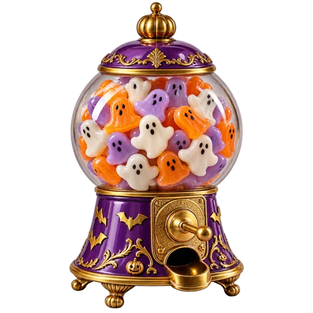 Purple and gold gumball machine filled with colorful ghost-shaped sweets