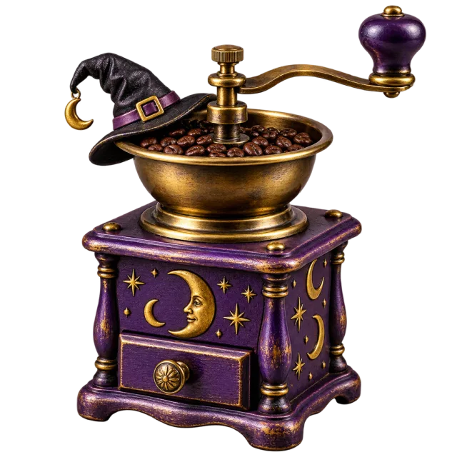 Purple coffee grinder with gold moon and star decoration and a small witch hat