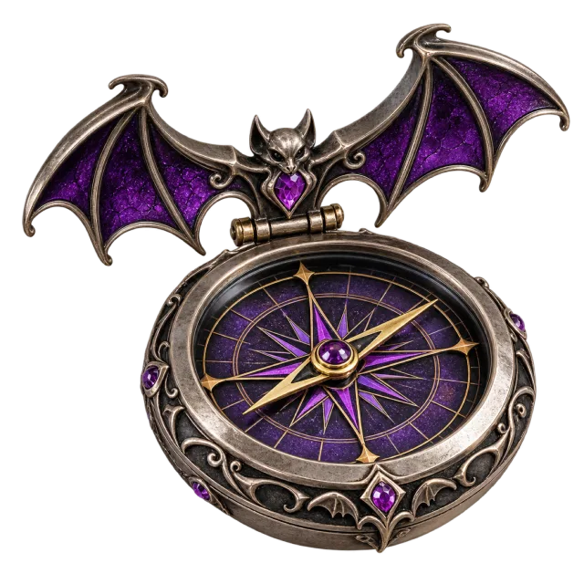 Antique-style compass with a purple dial and spread bat wings above it