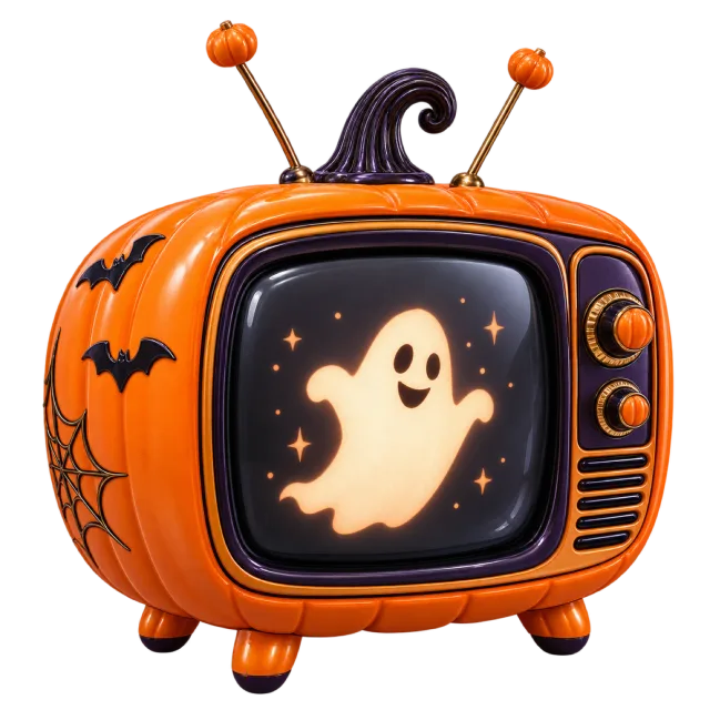 Orange pumpkin-shaped retro television displaying a smiling ghost