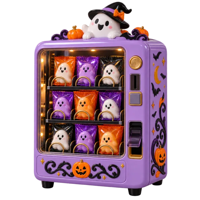 Purple vending machine filled with ghost and pumpkin treats