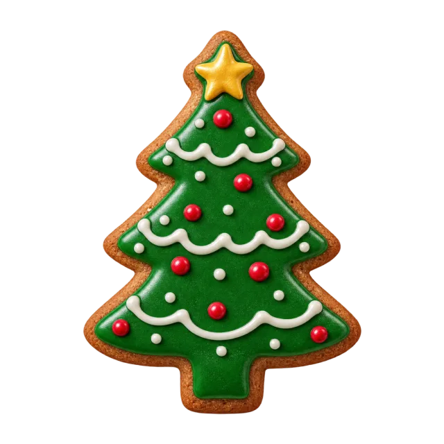 A tree-shaped cookie decorated with green icing, red dots and a gold star