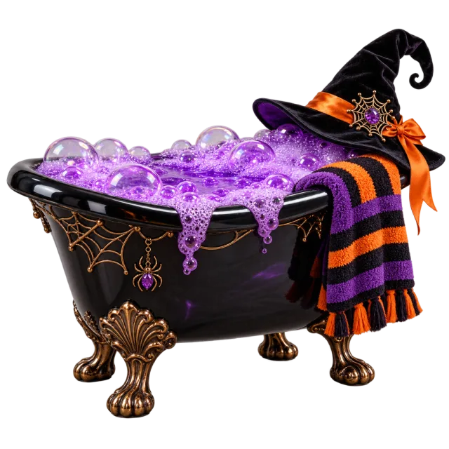 Black clawfoot bathtub with purple bubbles, a witch hat and a striped towel