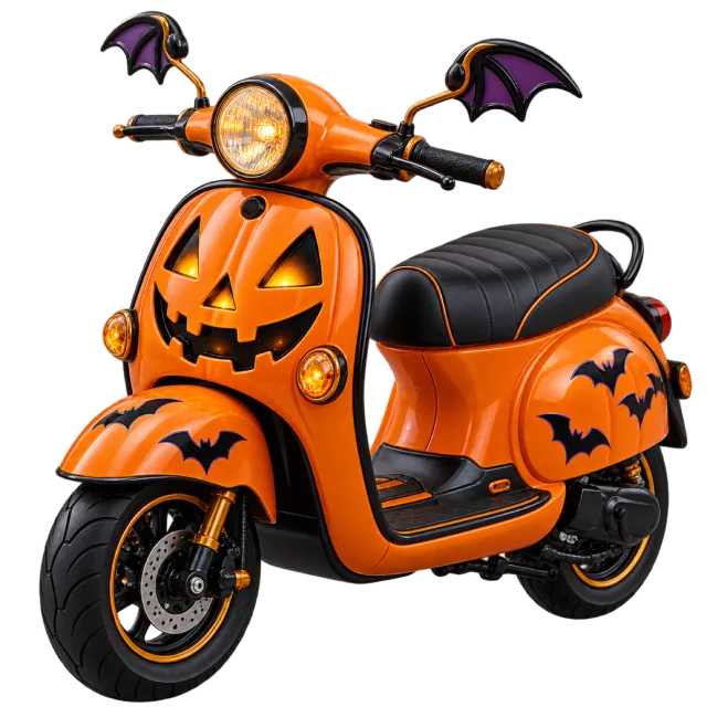 Orange pumpkin scooter with jack-o-lantern faces and bat-wing mirrors