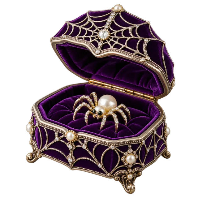 Open purple jewelry box with silver spiderweb trim and a jeweled spider inside