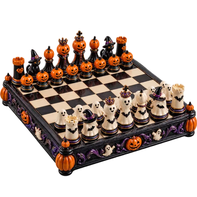 Halloween chessboard with orange pumpkin pieces facing white ghost pieces