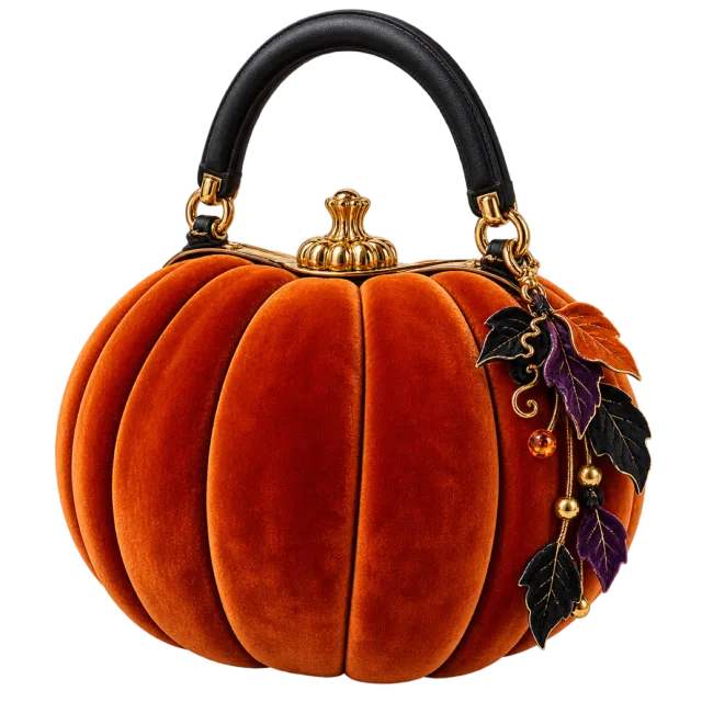 Orange velvet pumpkin-shaped handbag with a black handle and gold details