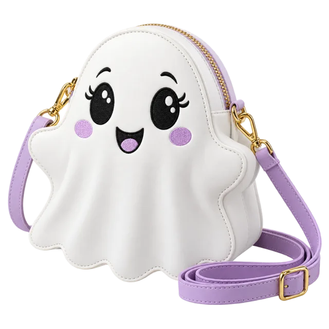 White smiling ghost crossbody purse with a lavender strap