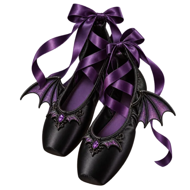 Black satin ballet shoes with purple ribbon ties and small bat wings