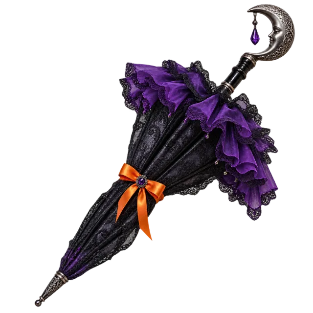 Closed black lace parasol with purple ruffles, an orange bow and a crescent handle