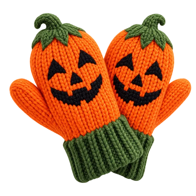 Orange knitted jack-o-lantern mittens with dark green cuffs
