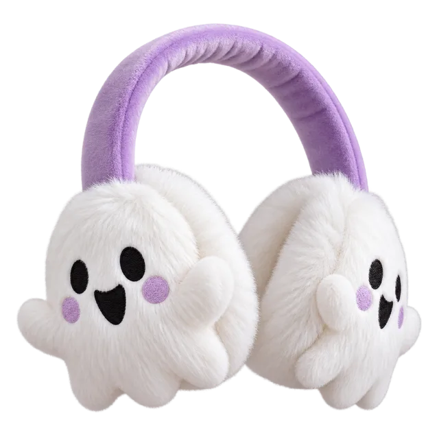 White ghost-face earmuffs joined by a lavender headband