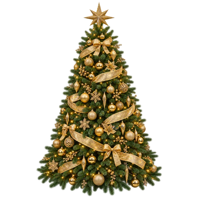 A green tree decorated with gold ribbons, flowers, baubles and a star topper