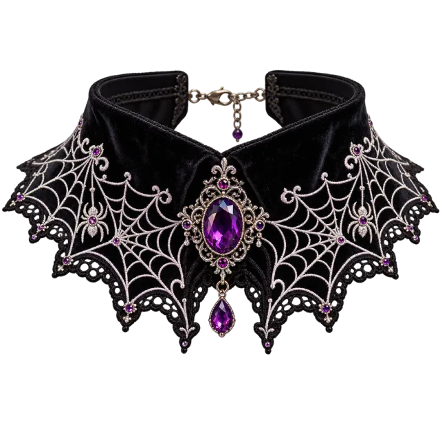 Black pointed collar with silver spiderweb embroidery and a purple center jewel