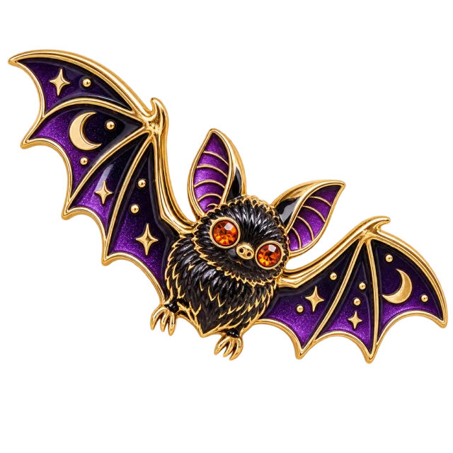 Gold-edged purple bat lapel pin with star and crescent details