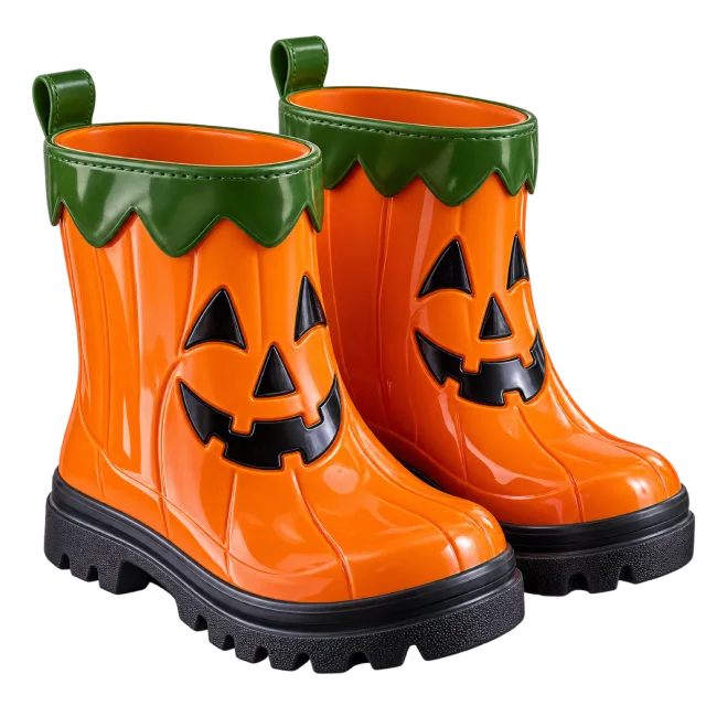Orange jack-o-lantern rain boots with green trim and black soles