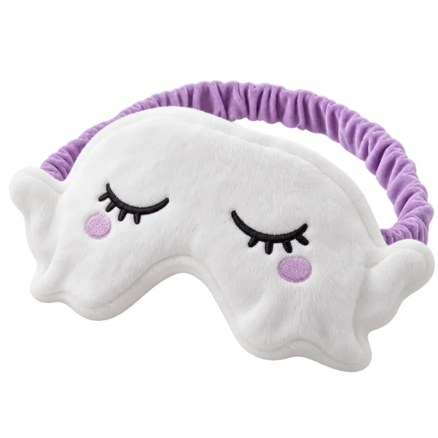 White sleeping ghost eye mask with closed lashes and a lavender strap