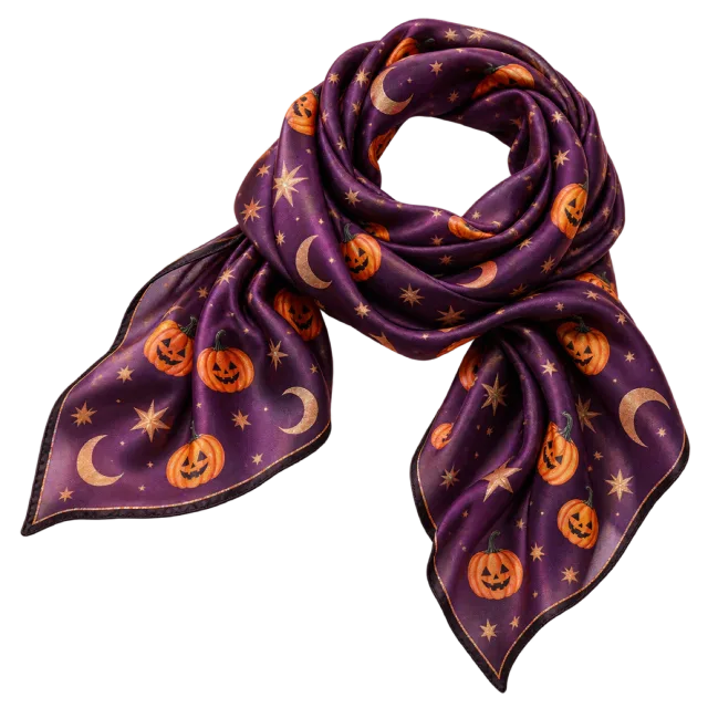 Purple scarf patterned with orange pumpkins, stars and crescent moons