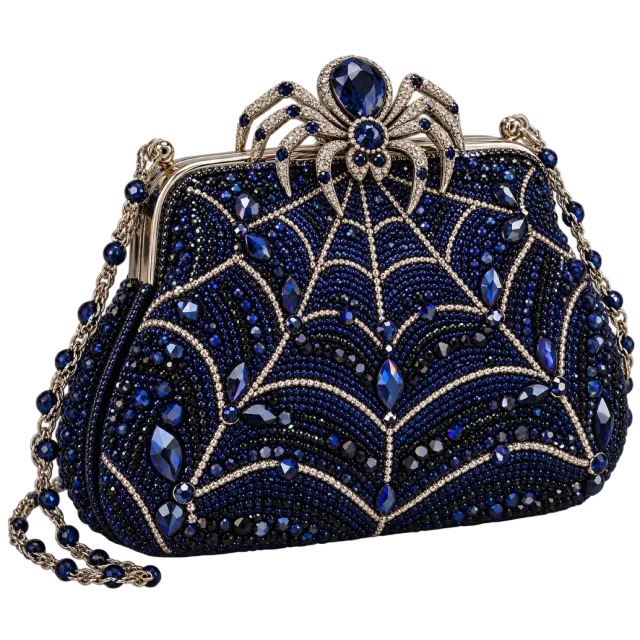 Dark beaded handbag with silver spiderweb patterns and a jeweled spider clasp
