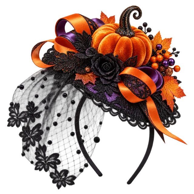 Pumpkin fascinator with orange and black ribbon loops, flowers and a dotted veil