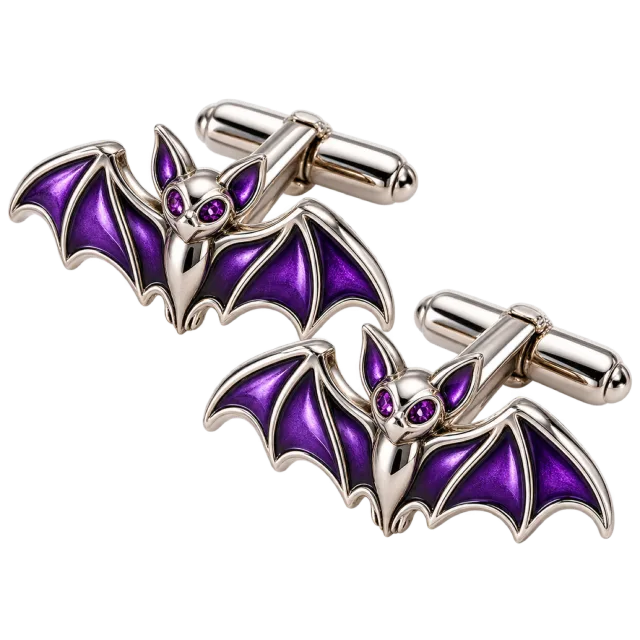 Pair of silver and purple bat-shaped cufflinks